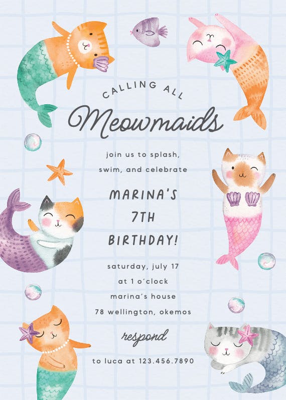 Meowmaids -  invitación de cumpleaños