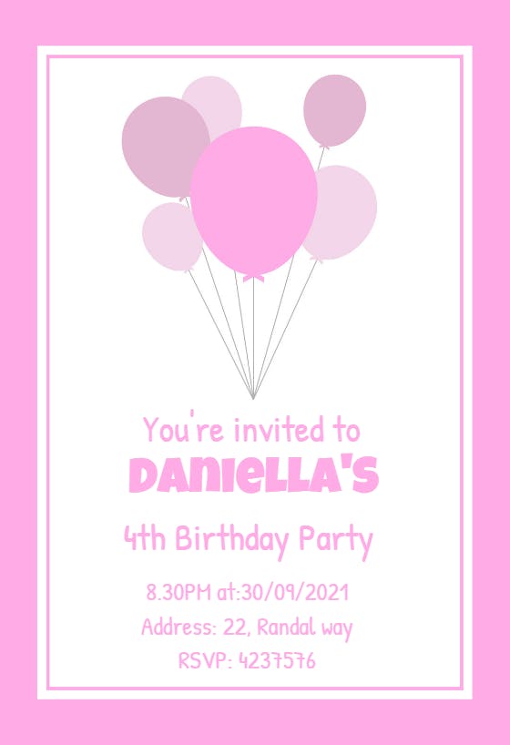 Pink balloons -  invitación de cumpleaños
