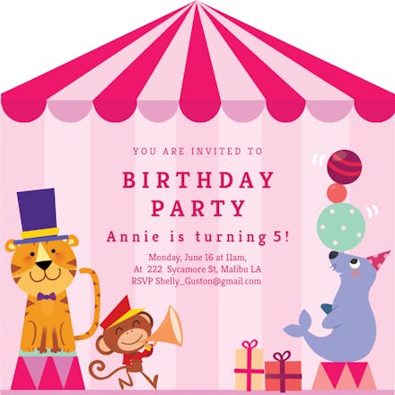 Pink Circus Birthday Invitation Template Free Greetings Island
