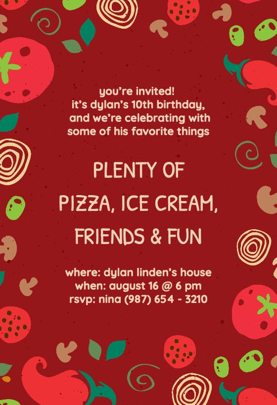Pizza party bday -  invitación de cumpleaños