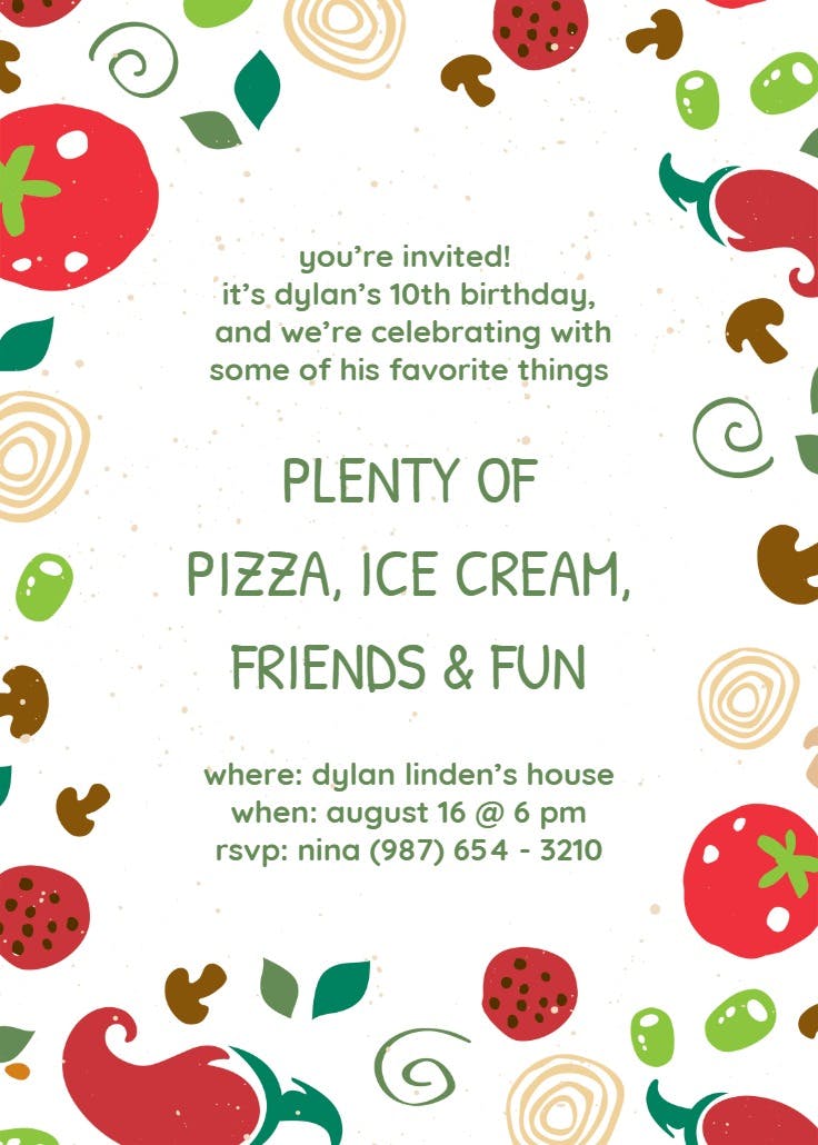 Pizza party bday -  invitación de cumpleaños