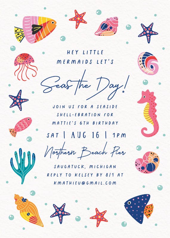 Seaside shell-ebration - pool party invitation