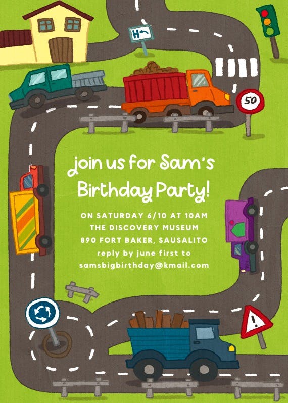 Trucks theme party - birthday invitation