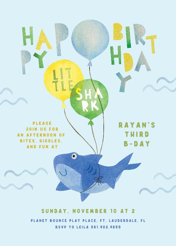 Watercolor shark fin -  invitación de cumpleaños