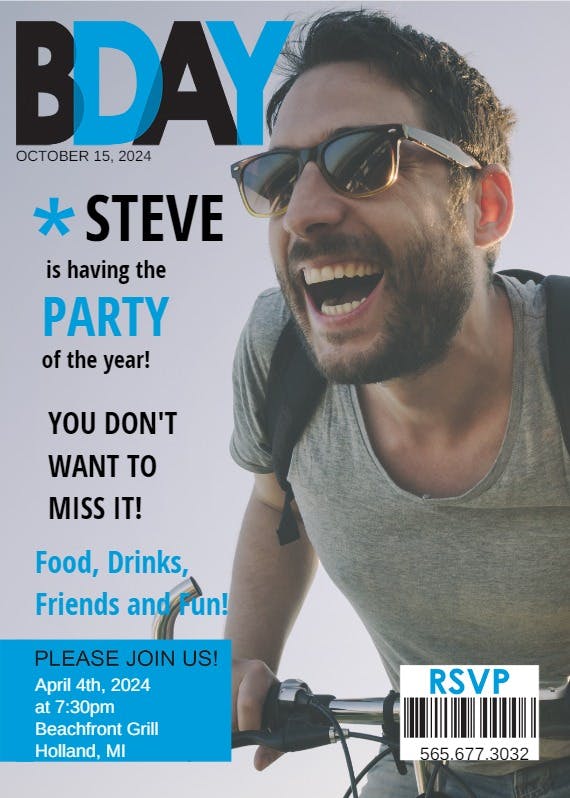 Mens party magazine cover -  invitación de fiesta de cumpleaños con foto