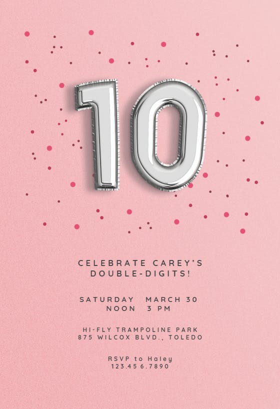 10th birthday balloons - birthday invitation