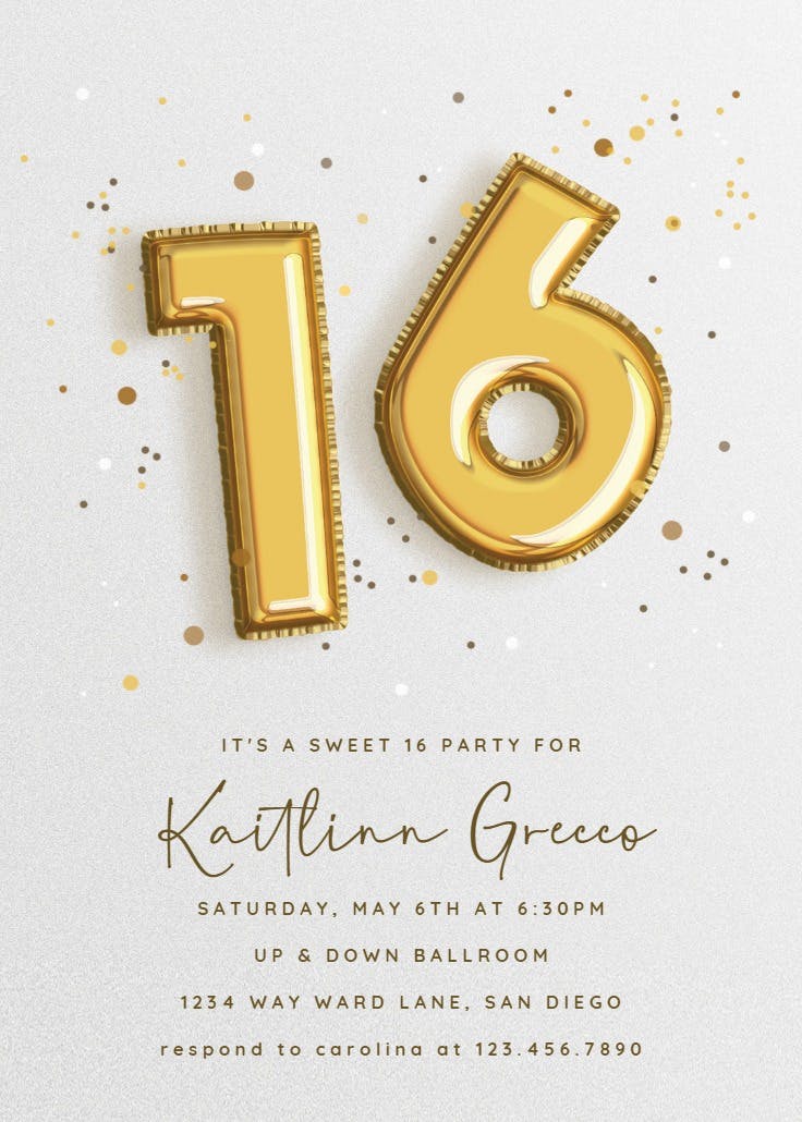 16th foil balloons -  invitación de cumpleaños