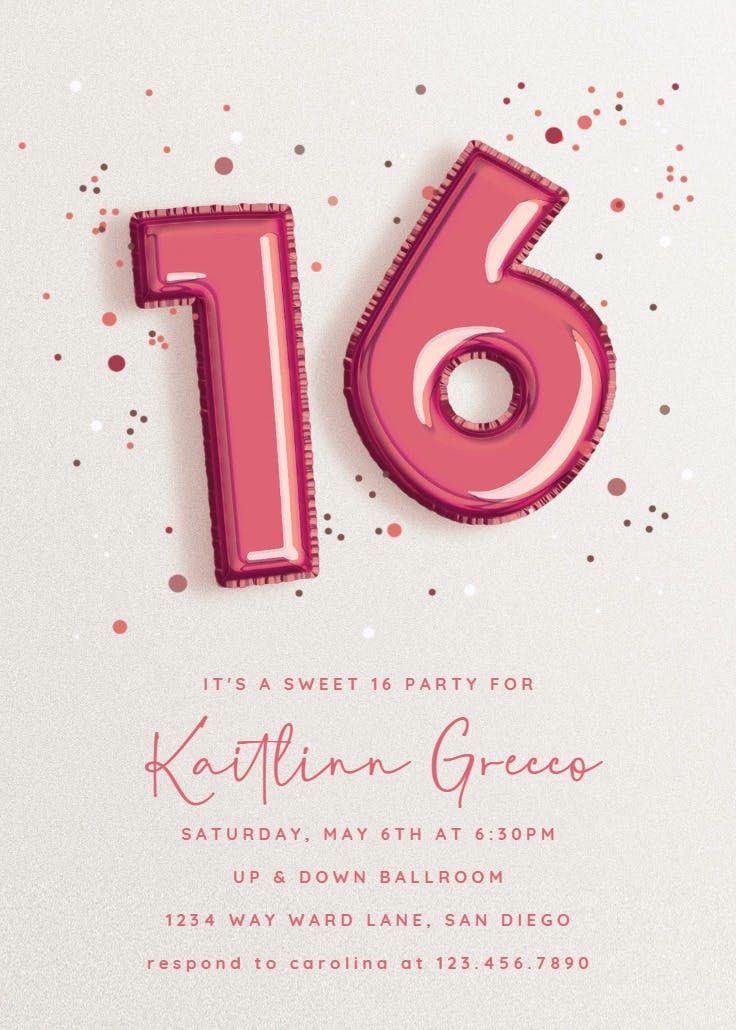 16th foil balloons -  invitación de cumpleaños