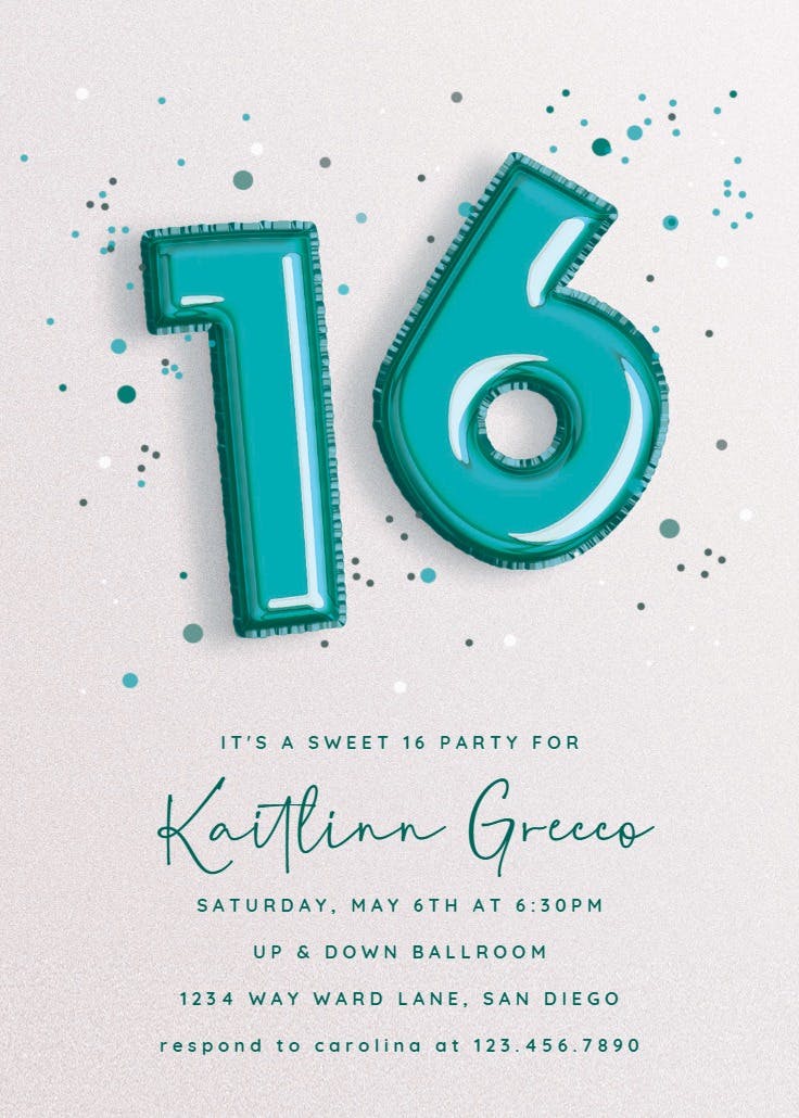 16th foil balloons - birthday invitation