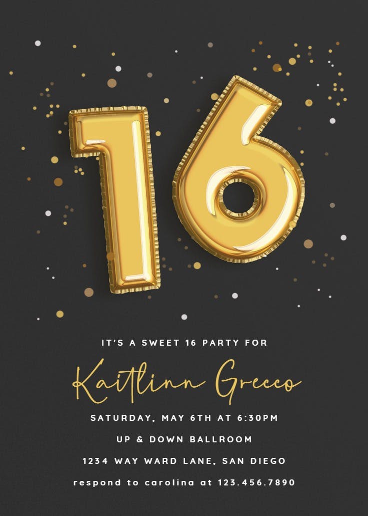 16th foil balloons -  invitación de cumpleaños