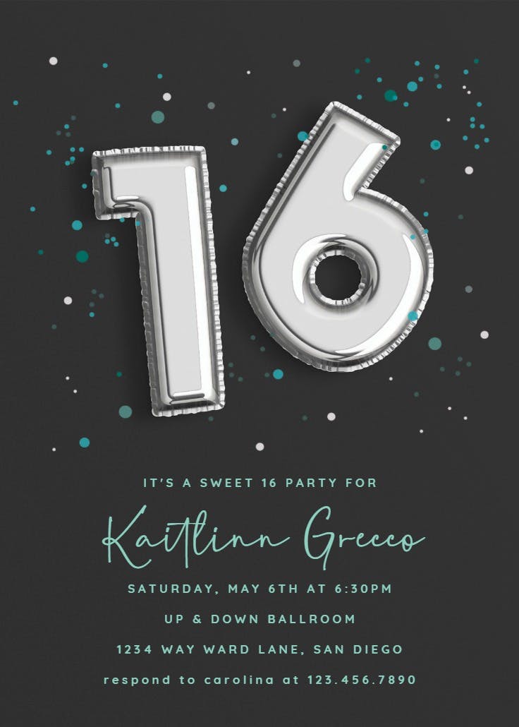 16th foil balloons - sweet 16 invitation