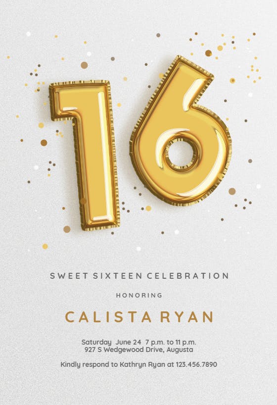 16th foil balloons - birthday invitation