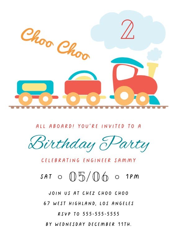2nd birthday party train -  invitación de cumpleaños