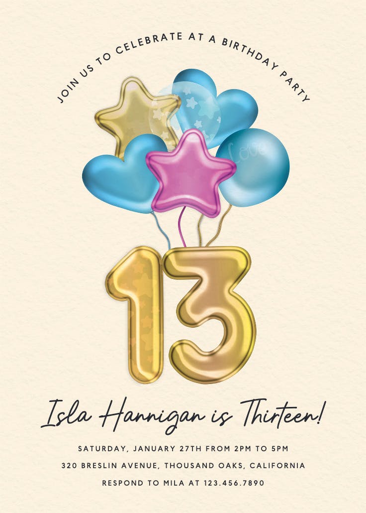 3d balloons 13 - invitación de cumpleaños