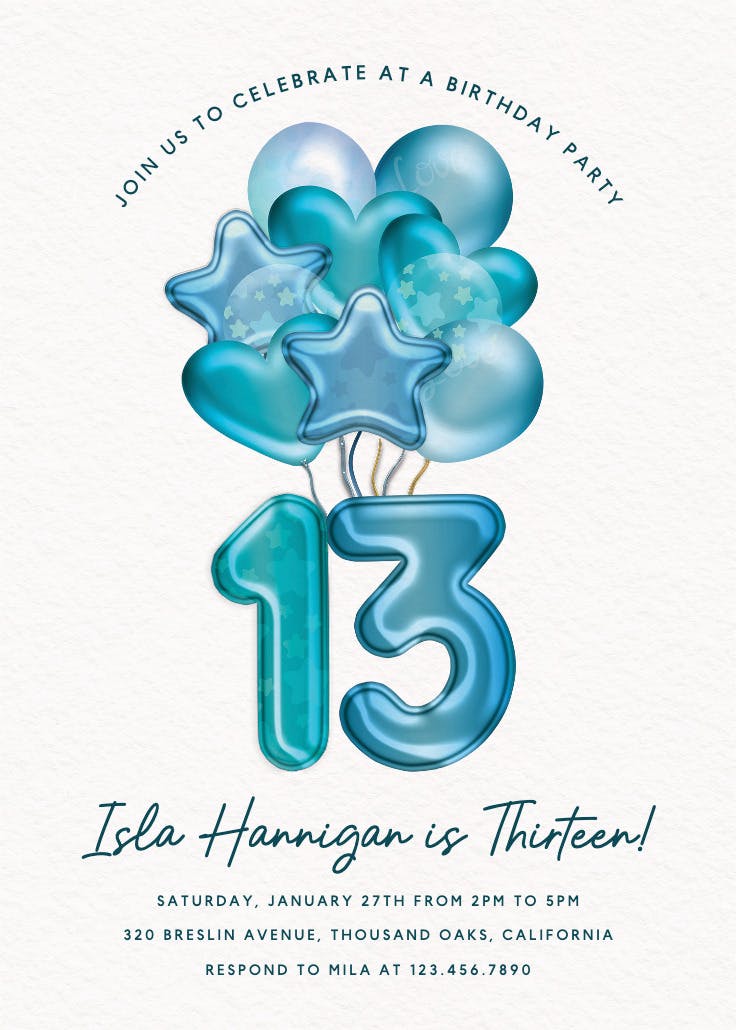 3d balloons 13 - invitación de cumpleaños