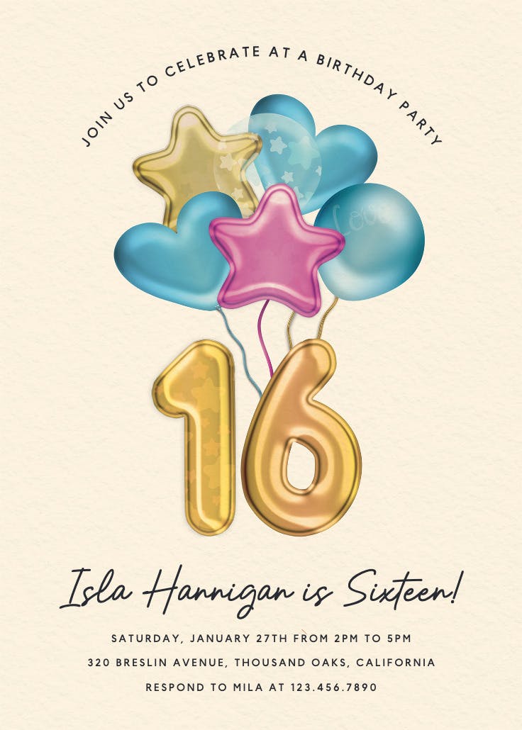3d balloons 16 - sweet 16 invitation