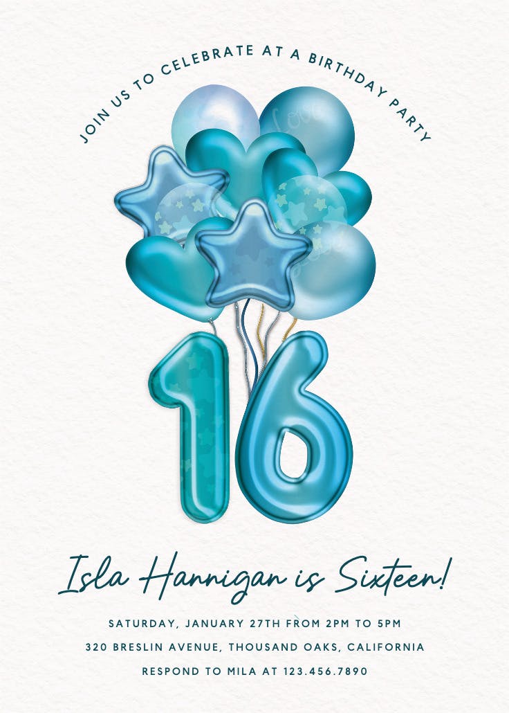 3d balloons 16 - sweet 16 invitation