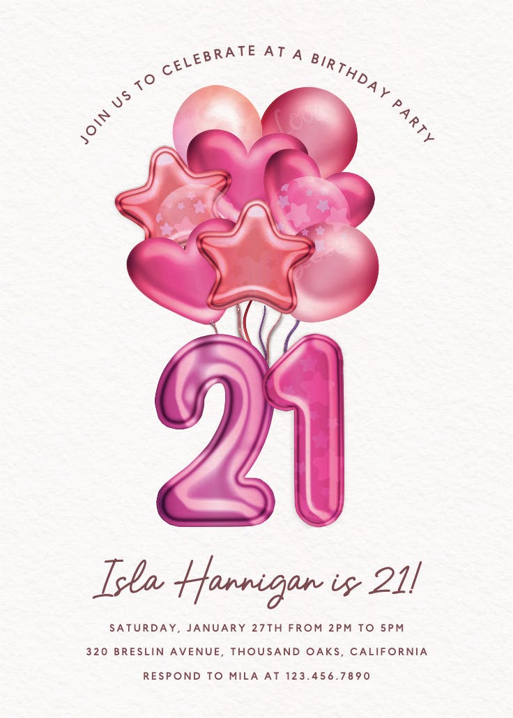 3d balloons 21 - birthday invitation