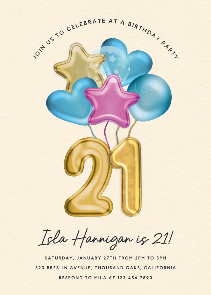 3d balloons 21 - birthday invitation