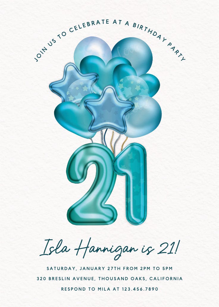 3d balloons 21 - birthday invitation