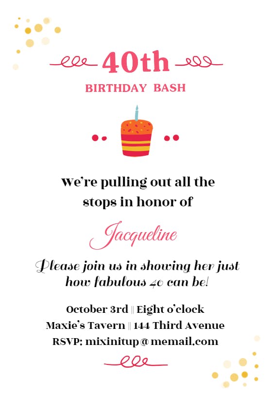 40th birthday bash - birthday invitation