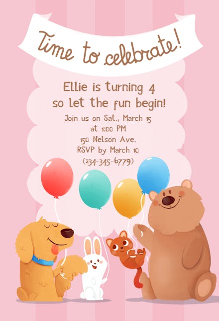 4th Birthday Animals - Birthday Invitation