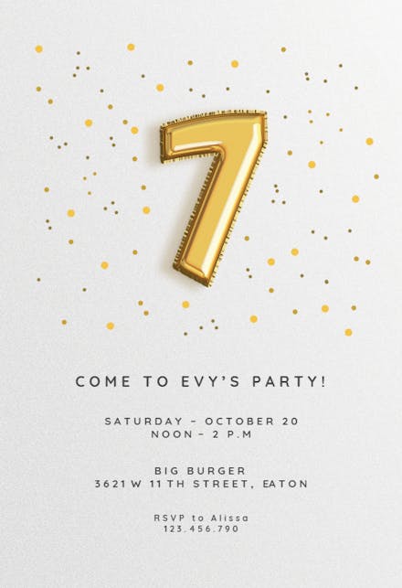 7th birthday Balloons - Birthday Invitation