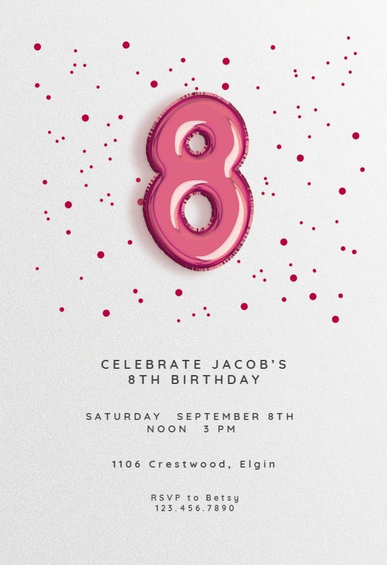8th birthday balloons -  invitación de cumpleaños