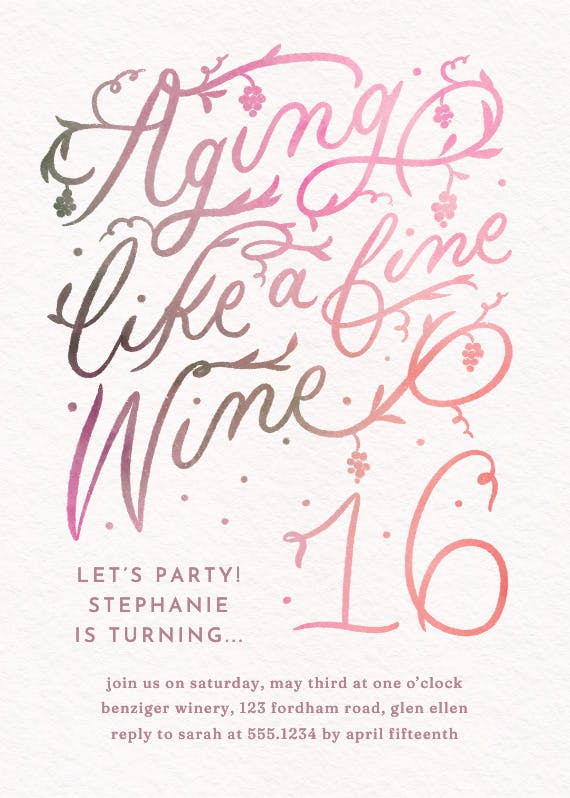 Aging well hand lettered 16 - birthday invitation