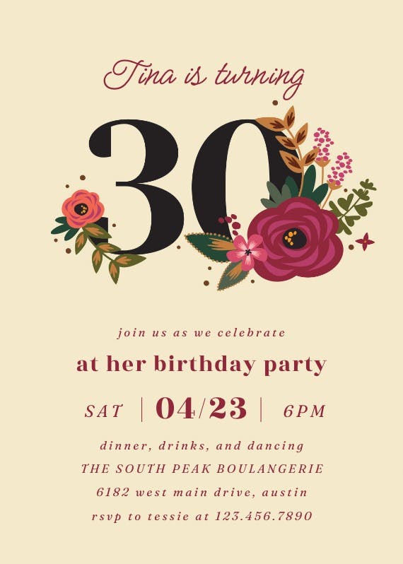 Botanical milestone 30 - birthday invitation
