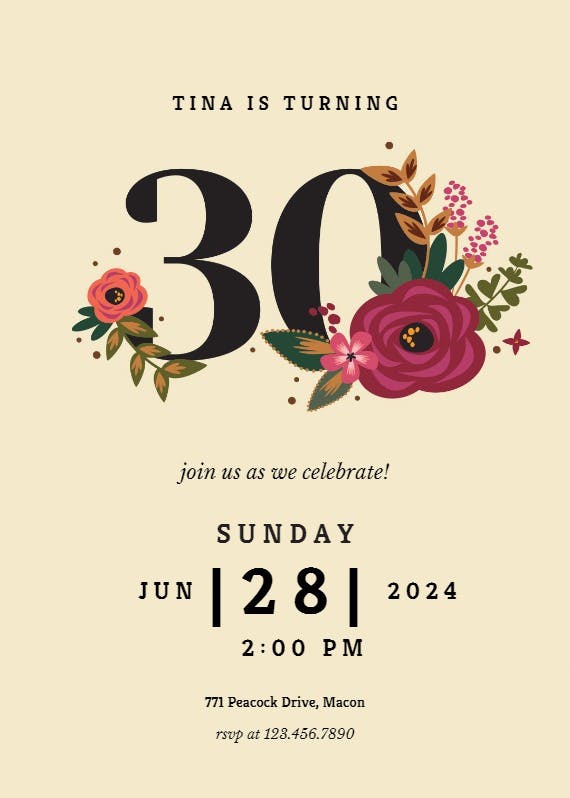 Botanical milestone 30 - birthday invitation