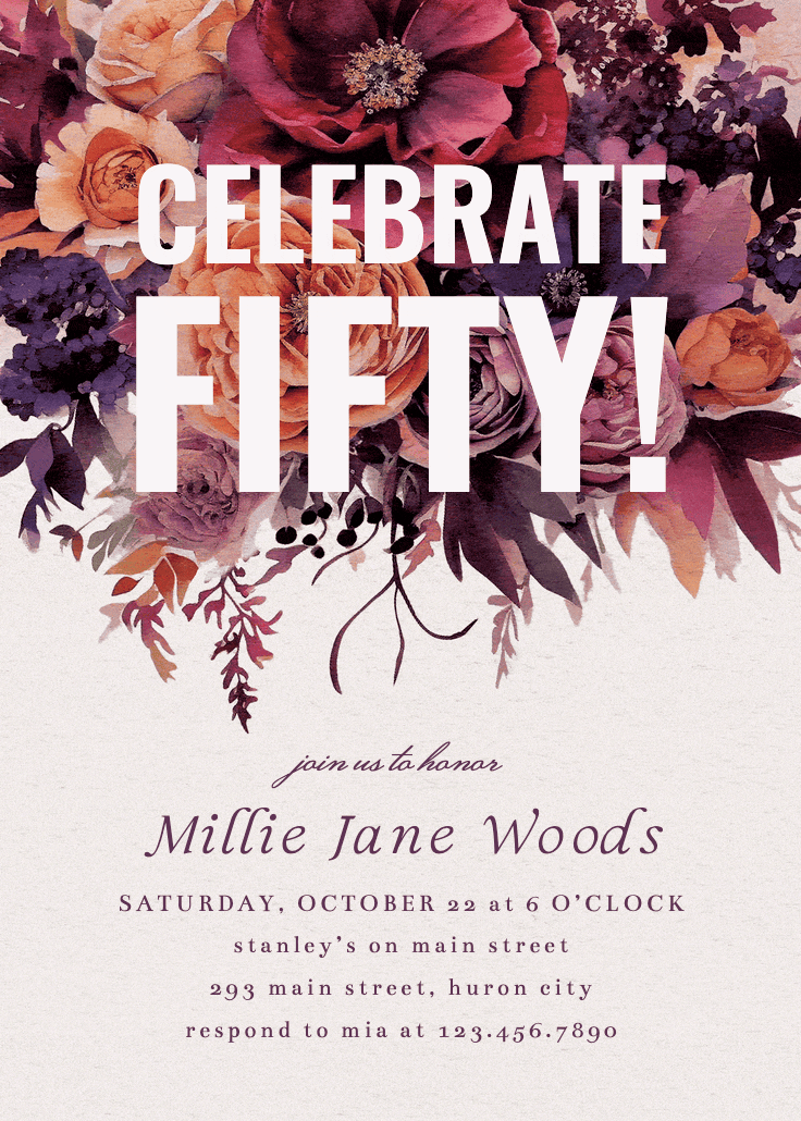 Burgundy bouquet 50 - invitación de cumpleaños