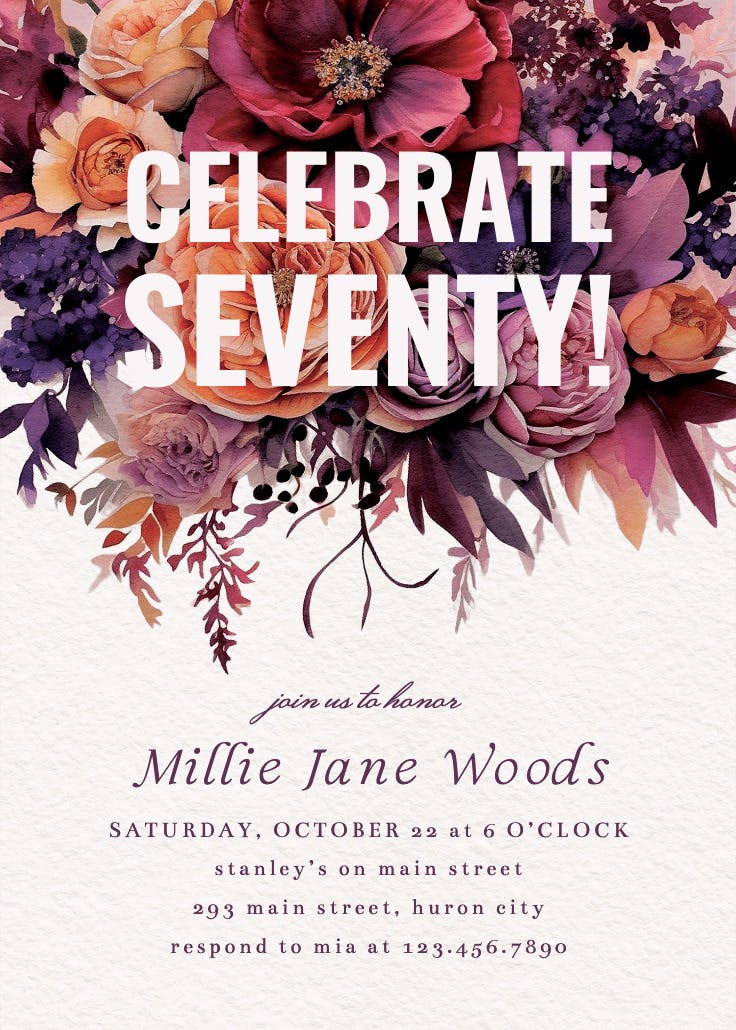 Burgundy bouquet 70 - birthday invitation