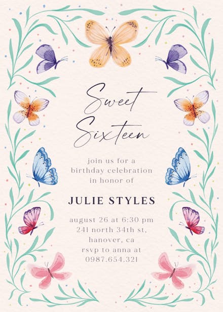 Butterfly garden - sweet 16 invitation