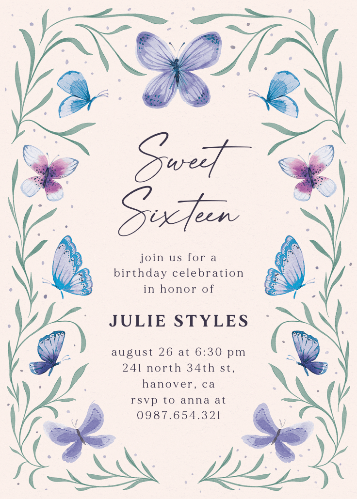 Butterfly garden - sweet 16 invitation