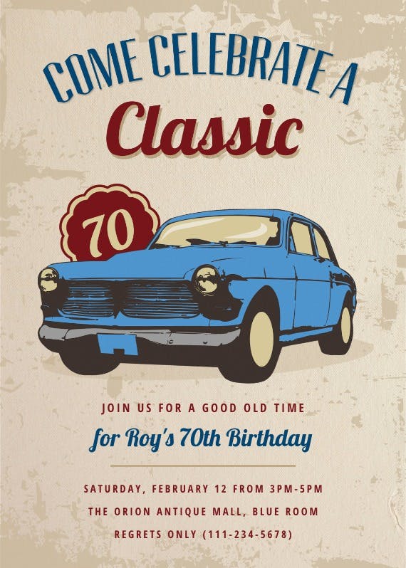Car classic 70th birthday - birthday invitation