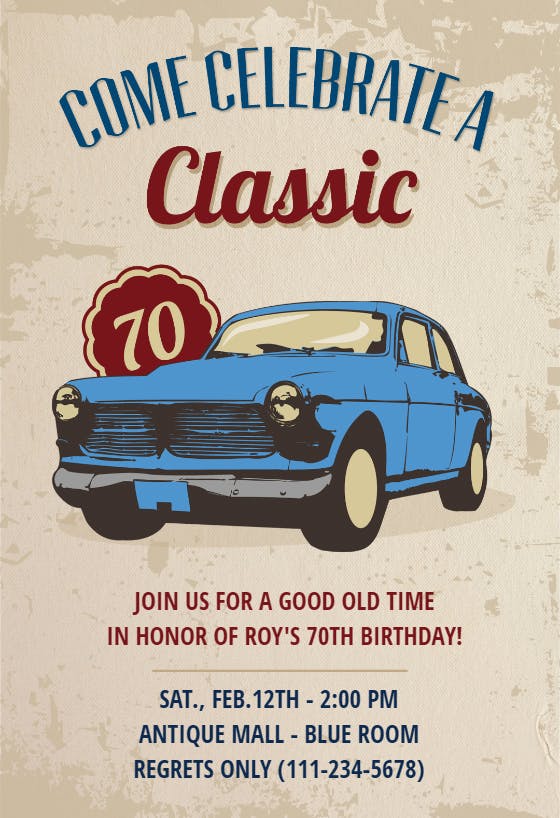 Car classic 70th birthday - birthday invitation