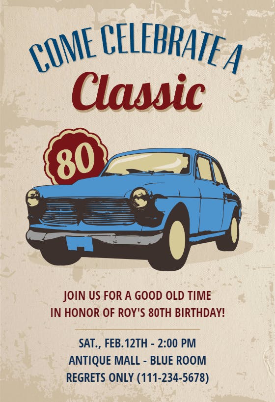 Car classic 80th birthday - birthday invitation