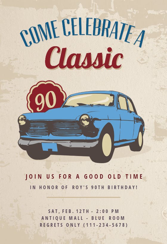 Car classic 90th birthday - birthday invitation