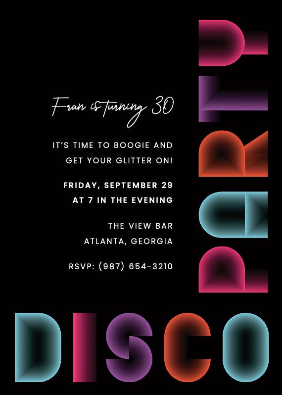 Disco party adults - birthday invitation