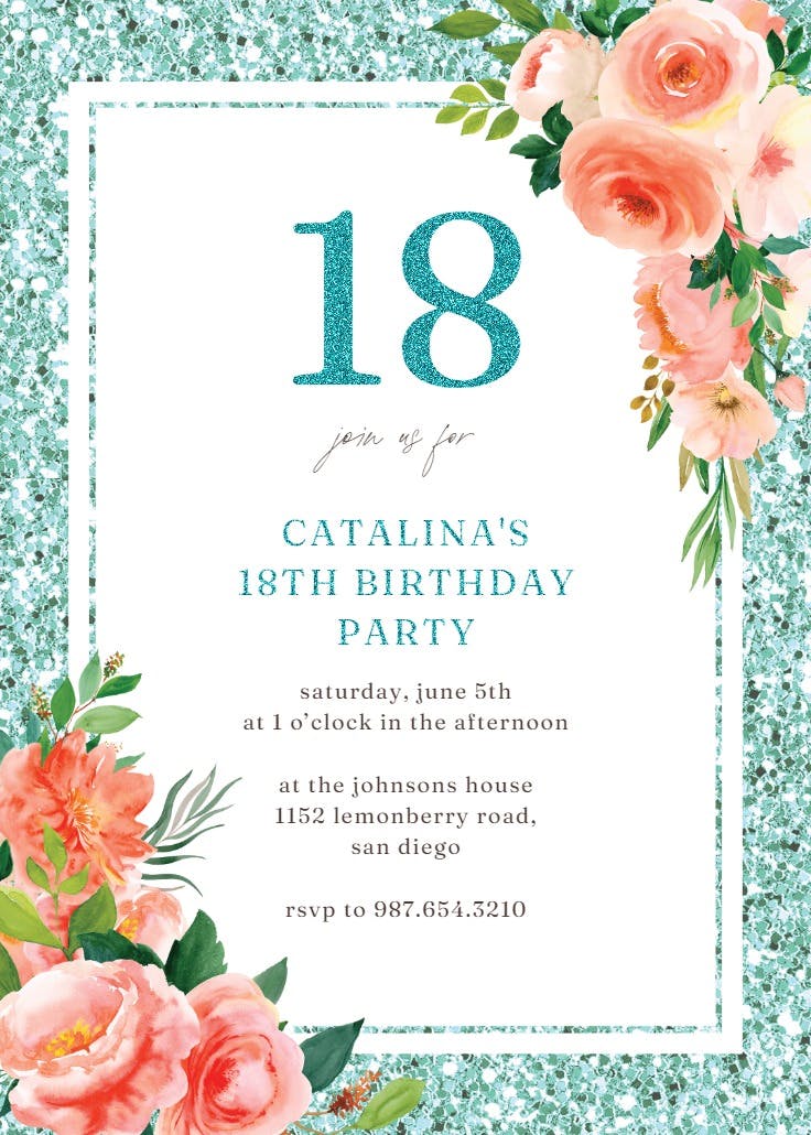 Floral and glitter - birthday invitation