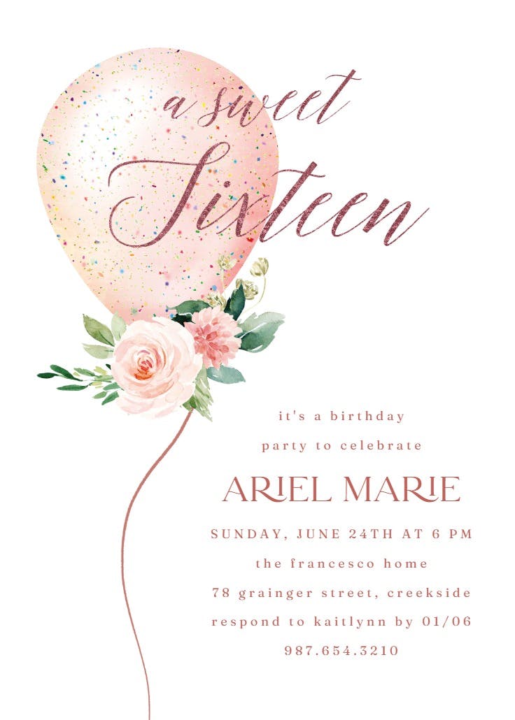 Floral glitter balloon - invitación de cumpleaños