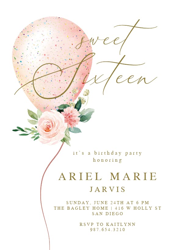 Floral glitter balloon -  invitación de cumpleaños