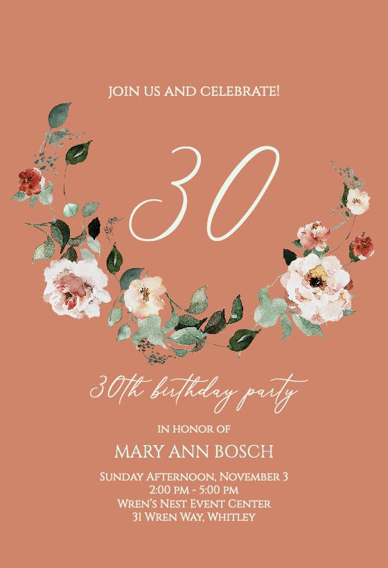 Floral wreath at 30 - invitación de cumpleaños