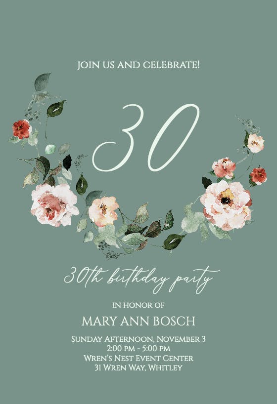 Floral wreath at 30 - birthday invitation