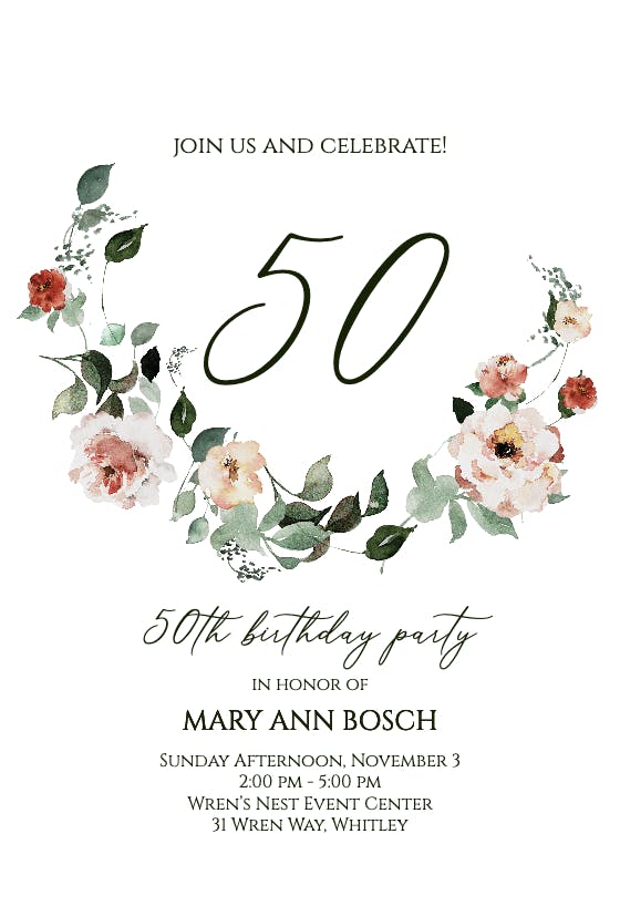 Floral wreath at 50 - birthday invitation