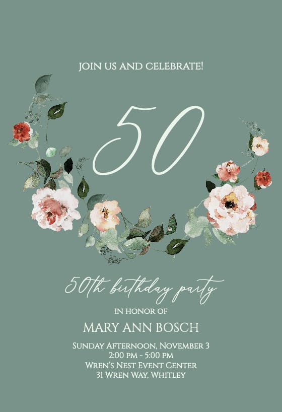 Floral wreath at 50 - Birthday Invitation Template | Greetings Island