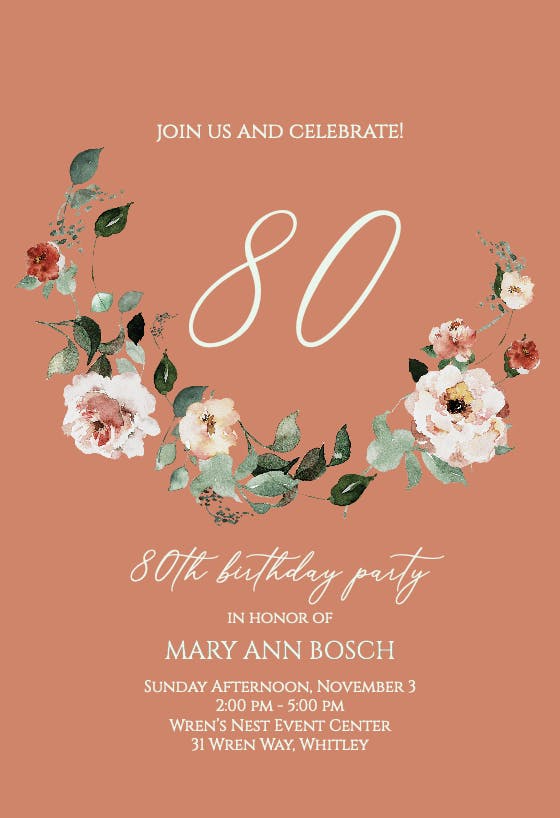 Floral wreath at 80 - birthday invitation