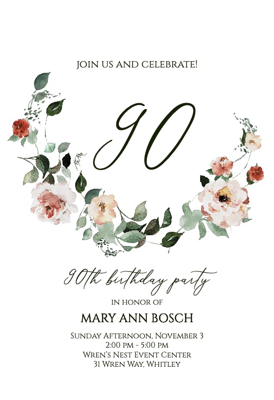 Floral wreath at 90 - birthday invitation
