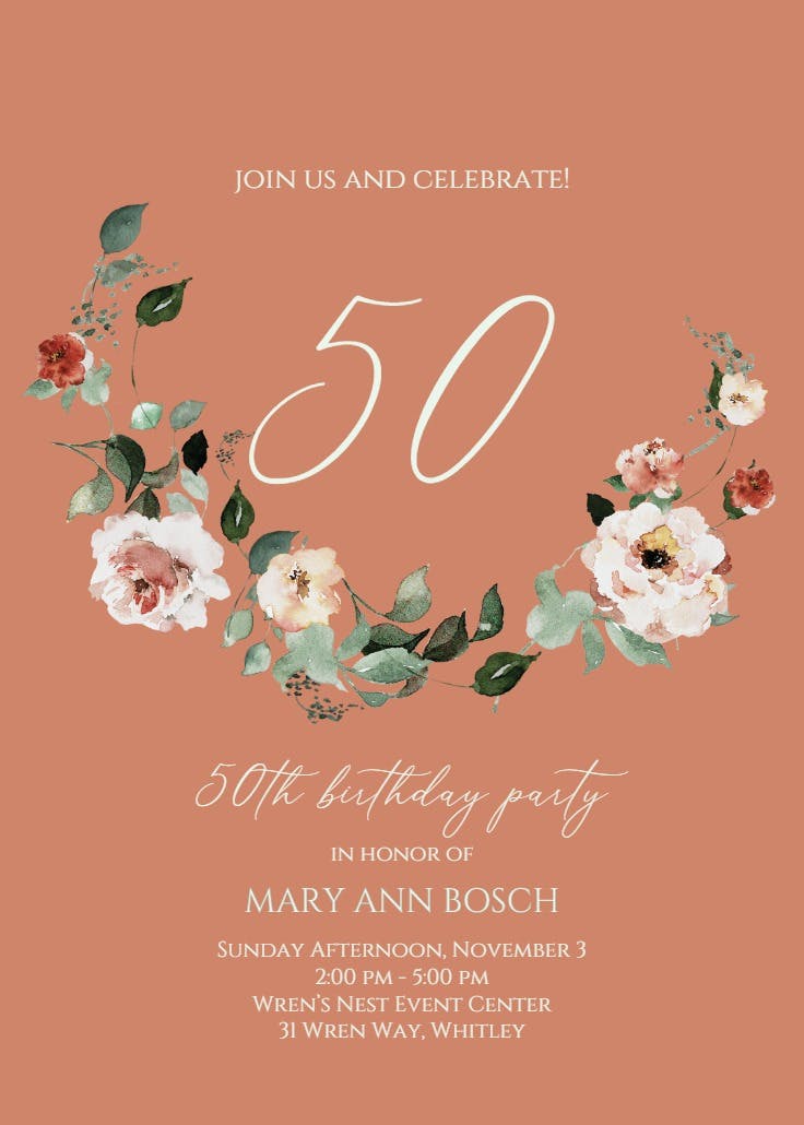Floral wreath at 50 - invitación de cumpleaños